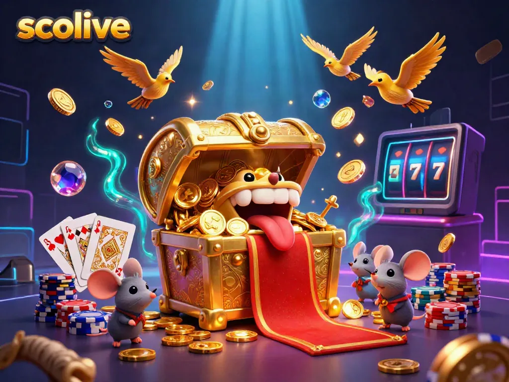 Experience the richness of socolive with an enchanting 3D scene of a treasure chest and golden coins, symbolizing winning opportunities.