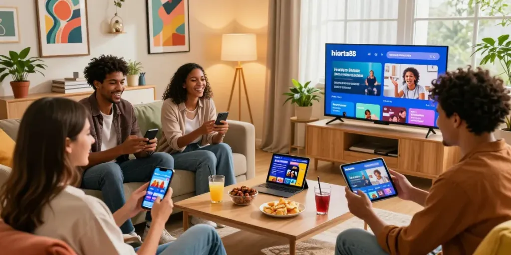 Users enjoying the harta88 platform in a lively living room setting, engaging with devices in a vibrant social atmosphere.
