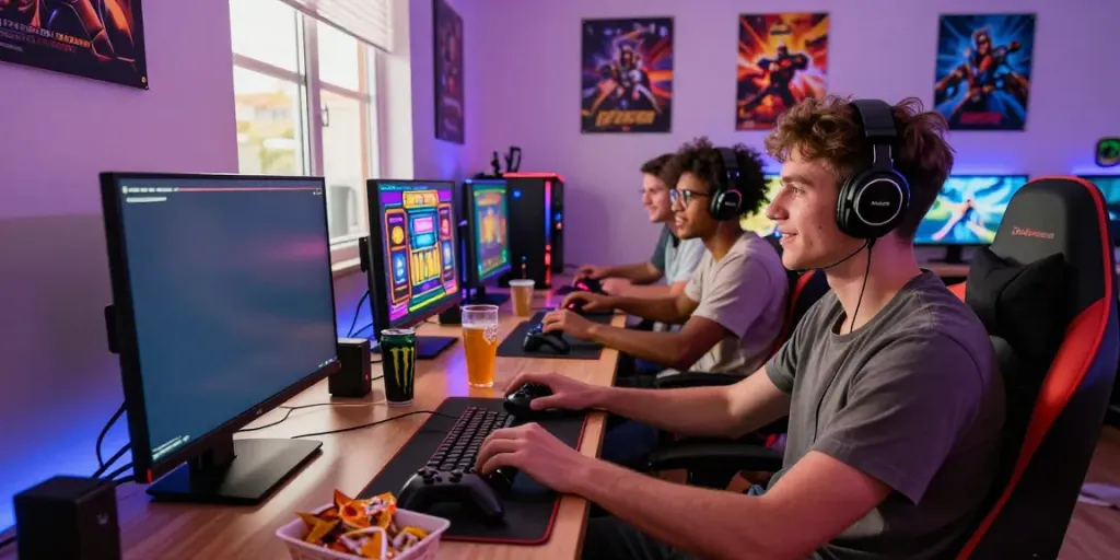 Friends enjoying a gaming session, focusing on janji33 slot game excitement.