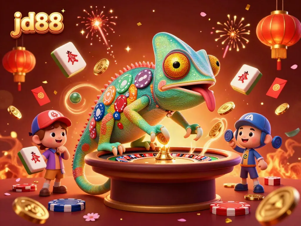 Engage in casino excitement with jd88, an enormous chameleon owner capturing golden coins and colorful gaming elements.