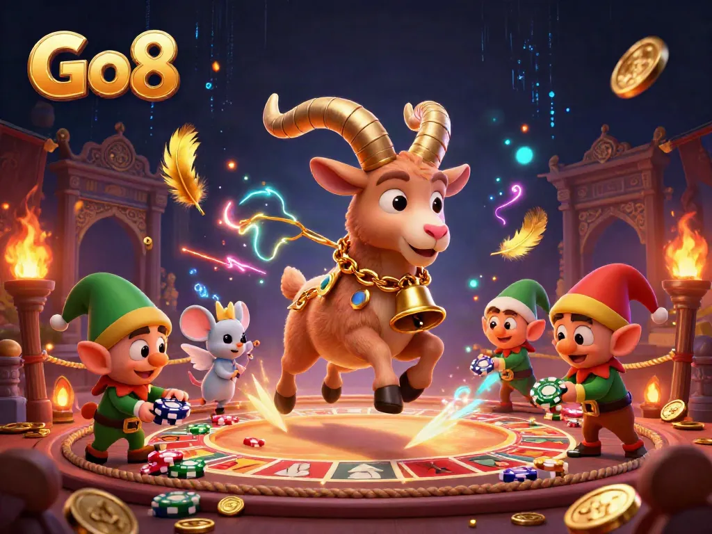 Fun Go8-themed illustration of a spooky holiday casino with a Krampus goat character.