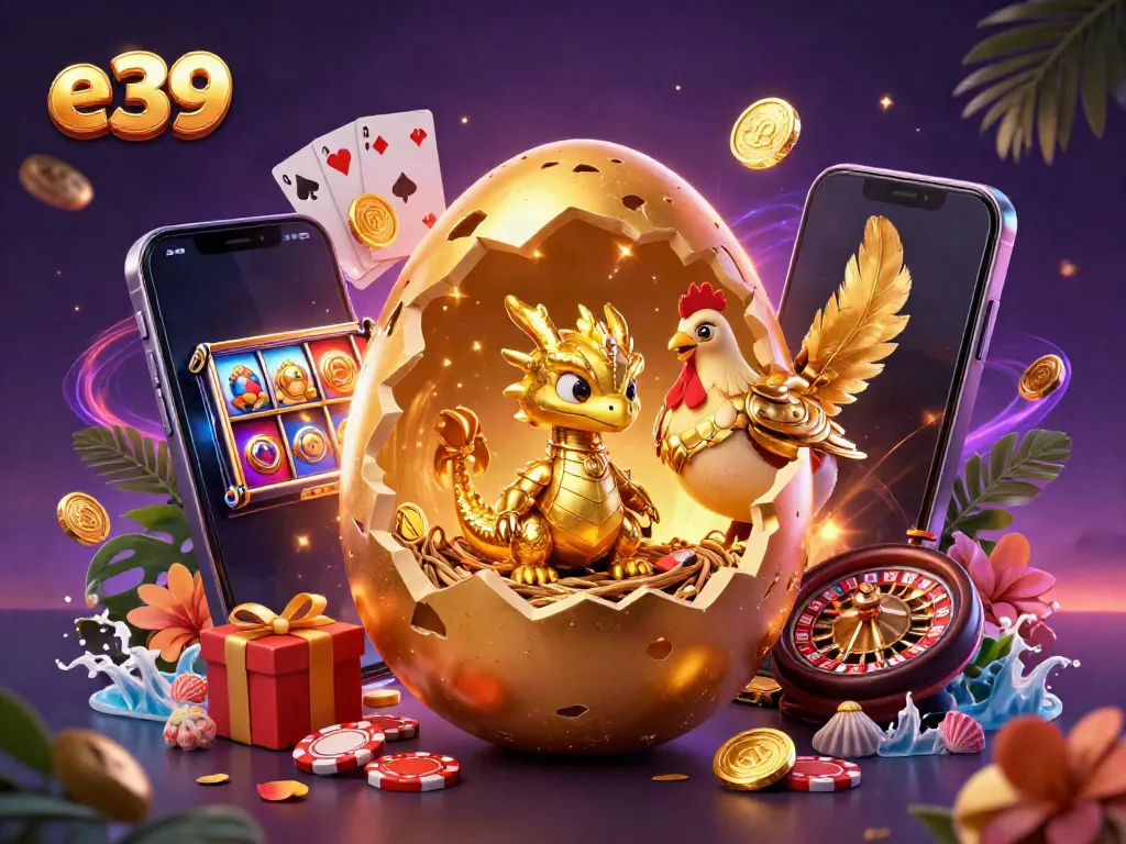 Experience thrilling gaming with e39's golden dragon emerging from a poker chip nest, symbolizing luck and jackpots.