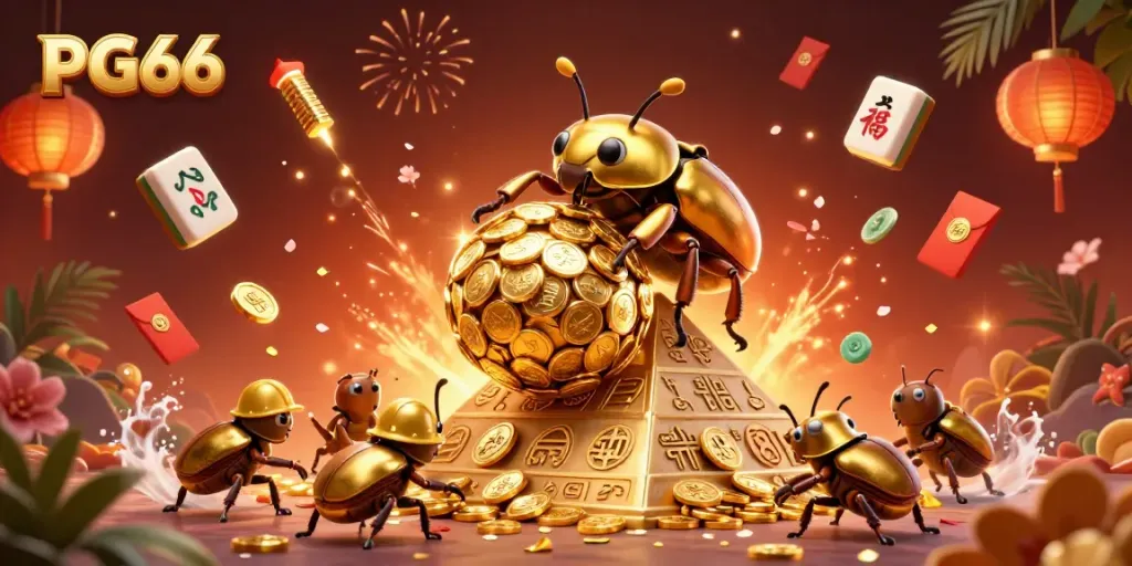 Experience thrilling games at PG66 with vibrant visuals of a golden beetle rolling coins in a casino scene.