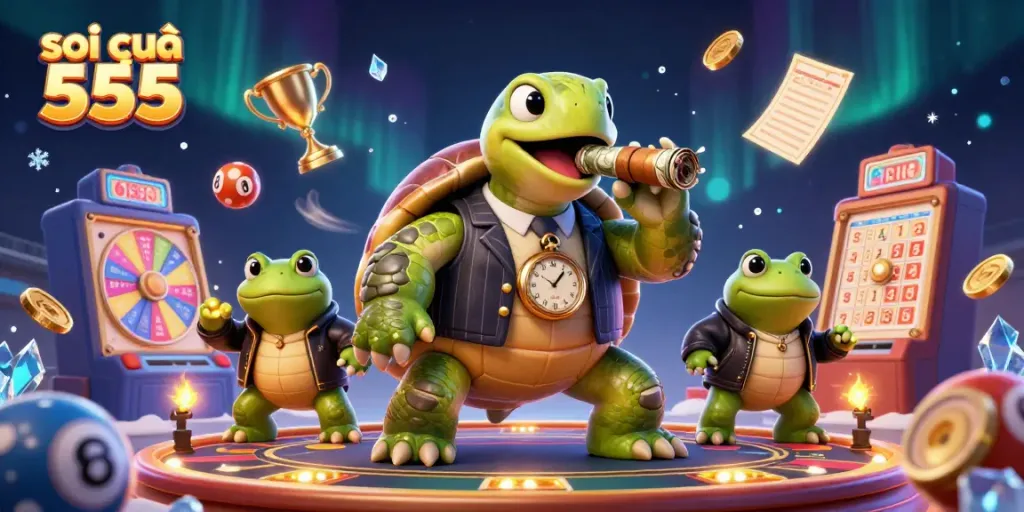 Engaging scene with characters celebrating 'soi cầu 555' amidst dynamic lottery elements and sparkling casino lights.