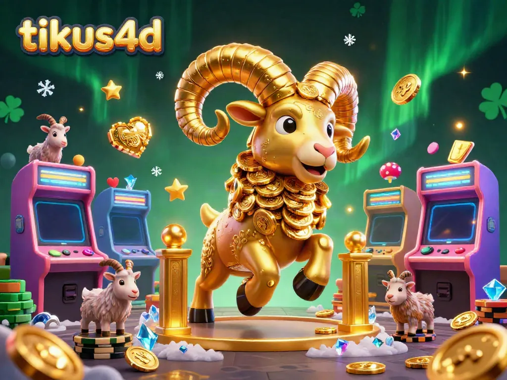 Ram emas tikus4d bersiap di gerbang kasino, dikelilingi elemen permainan yang glamor.
