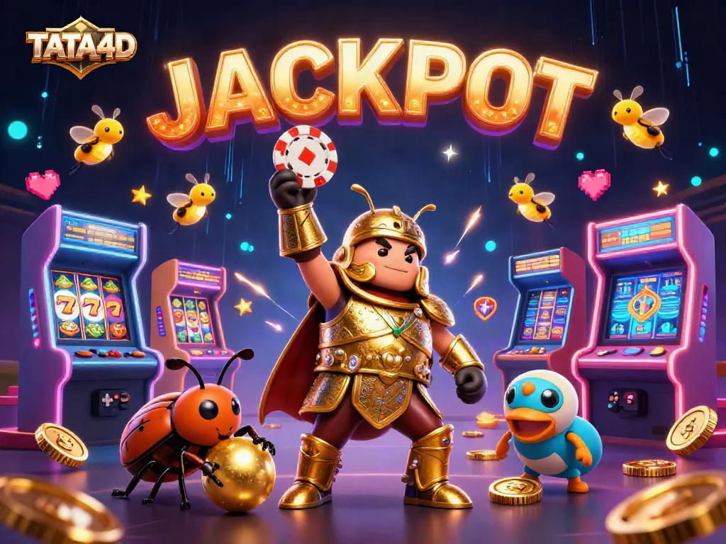 TATA4D highlights a victorious beetle character lifting a poker chip amid vibrant casino elements.