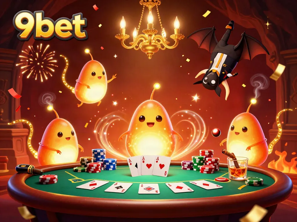 Experience the vibrant 9bet casino with colorful poker elements and animated glowworms enhancing the ambiance.