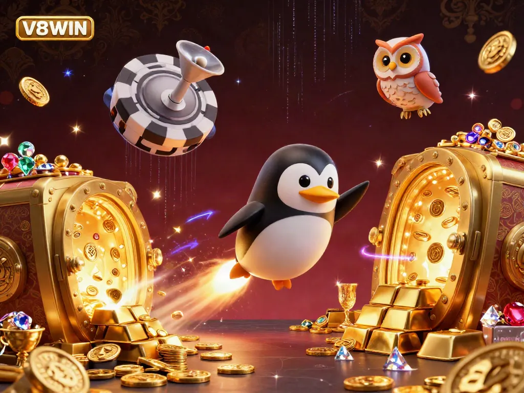 Experience the excitement of V8WIN with a dynamic 3D penguin rocket navigating a colorful casino masterpiece.