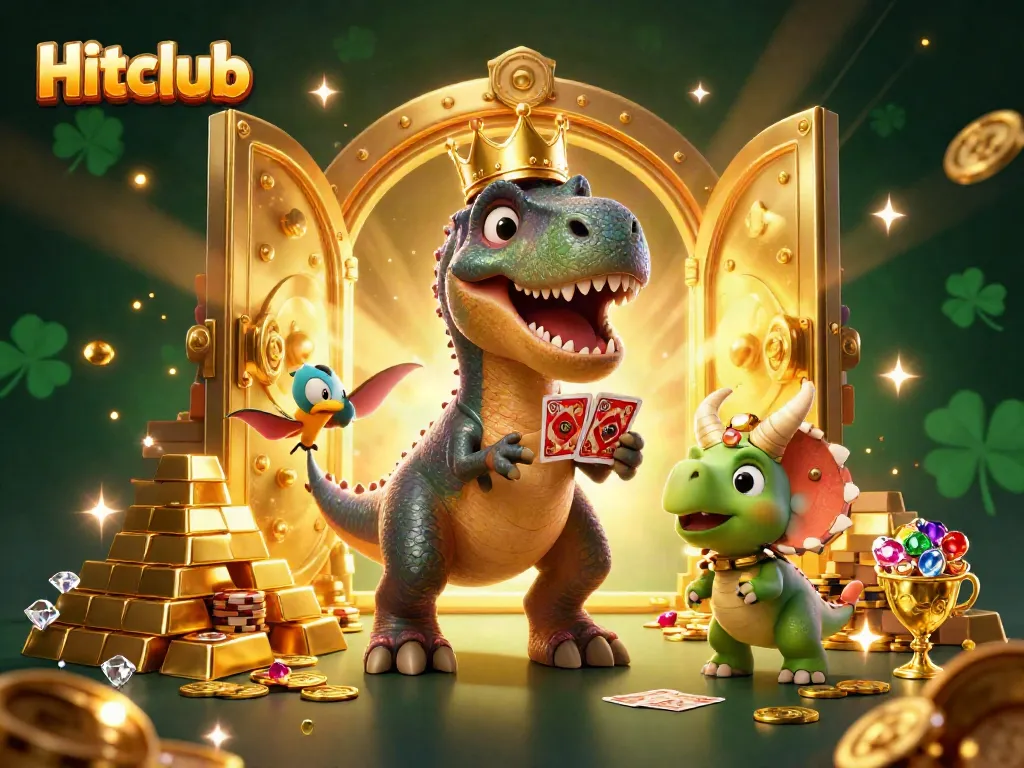 Hitclub's vibrant gaming scene showcases a T-Rex playing cards with golden treasures surrounding, a fun and engaging casino atmosphere.