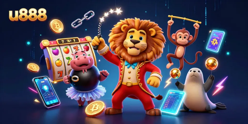 u888 slot-themed dynamic illustration showcasing a circus lion and animated characters amidst vibrant, energetic casino elements.