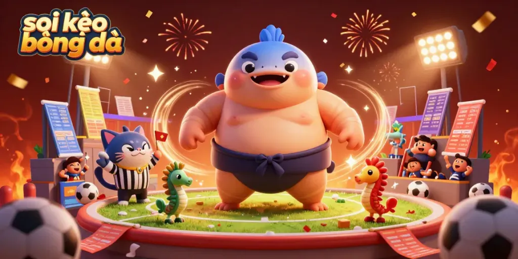 Experience the excitement of soi kèo bóng đá with a dynamic underwater betting scene featuring a fugu champion and excited fans.