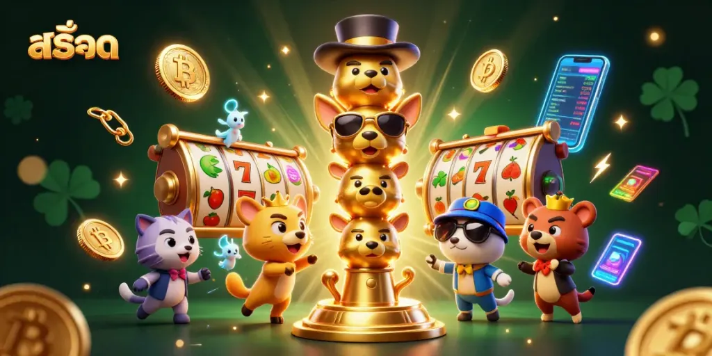 Engage in สล็อต excitement with a vibrant 3D totem and dynamic slot symbols amid neon crypto coins.
