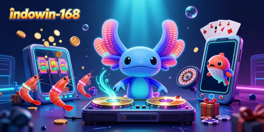 Menangkan permainan slot di indowin-168 dengan DJ axolotl neon dan udang yang menari.