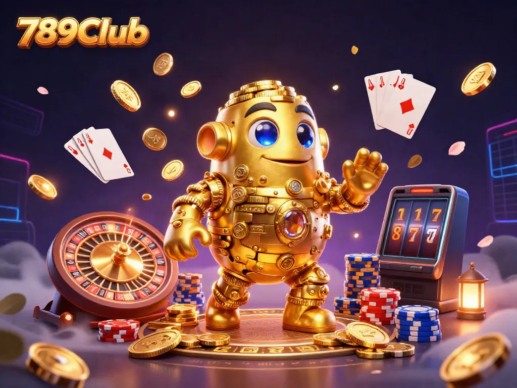 Experience the vibrant world of 789Club with dynamic casino characters and games surrounded by golden treasures.