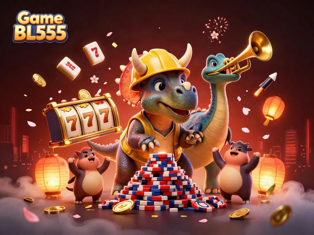 Engage with Game BL555 as animated characters celebrate casino wins in a vibrant online gaming scene.