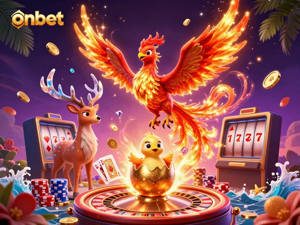 Experience the thrilling world of onbet with a vibrant 3D illustration showcasing casino excitement.