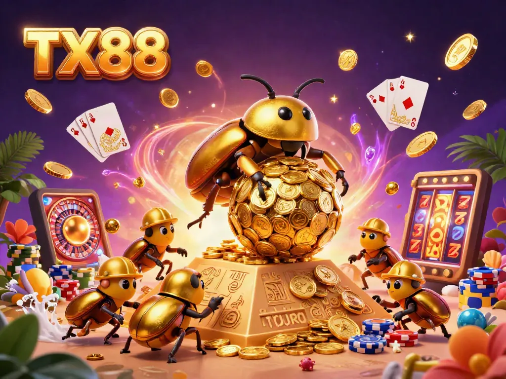 TX88 players engaging with vibrant casino elements, showcasing dynamic rolling coins and roulette.