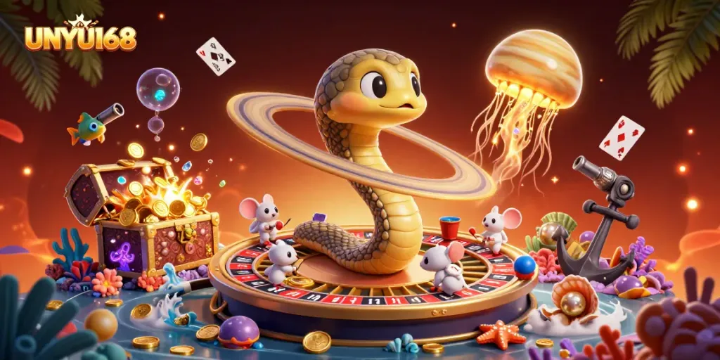 UNYU168 menampilkan ular Saturnus 3D berputar seperti roda roulette dengan pemain bertaruh pada elemen permainan.