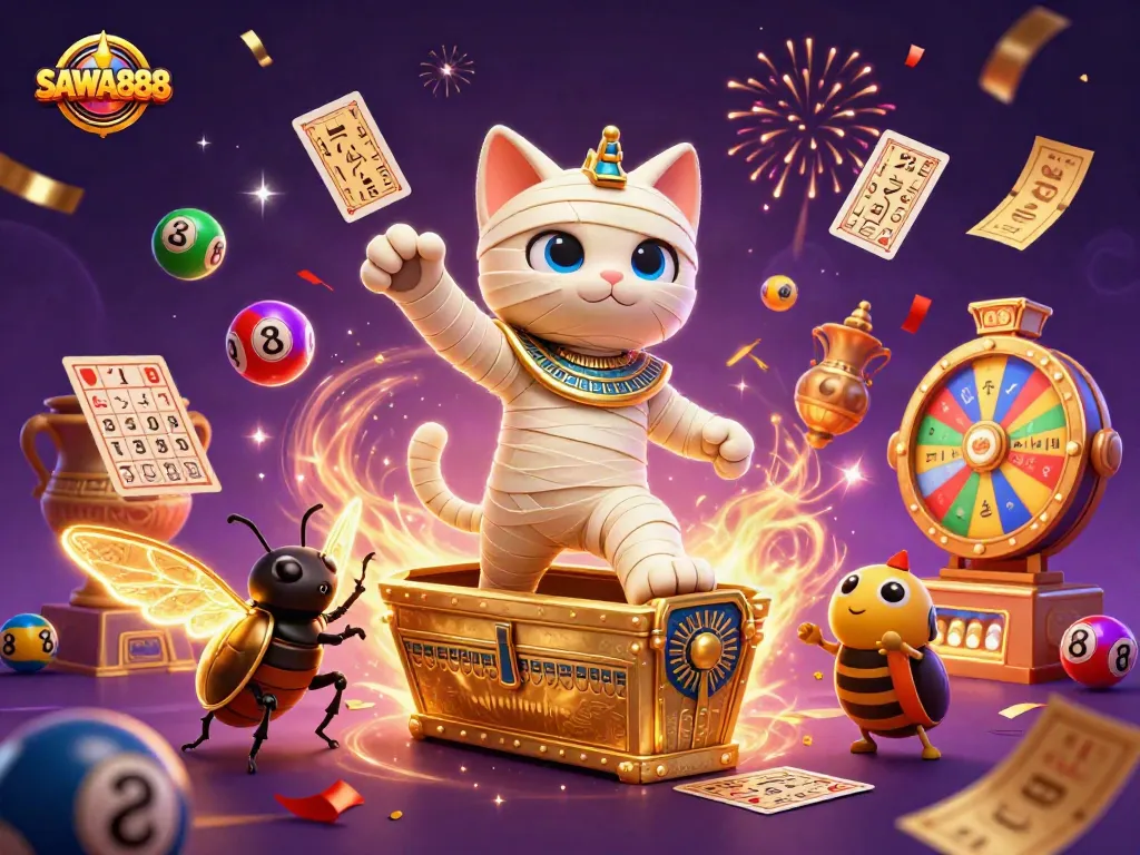 Experience exciting gameplay at SAWA888 with dynamic characters and casino elements in a vibrant illustration.