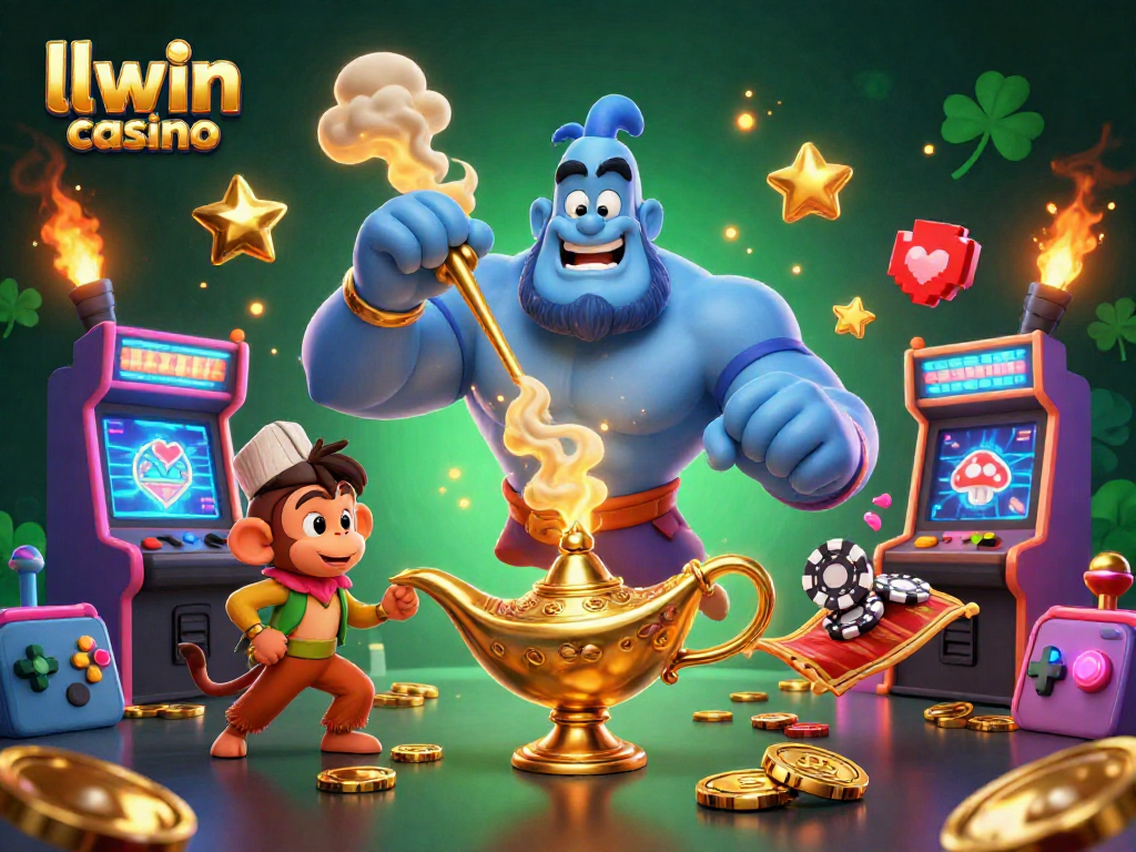 Experience the thrill of llwin casino with a dynamic scene featuring a blue genie, poker chips, and glowing game elements.