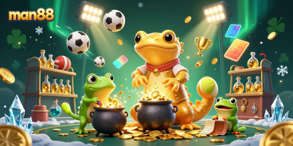 Experience the thrill of man88 with a golden salamander alchemist and sports betting elements in an enchanting casino world.