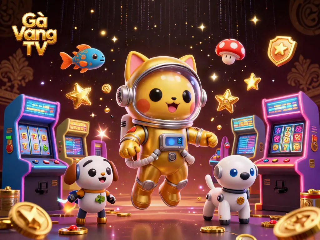 Experience exciting gambling at Gà Vàng TV with a dynamic 3D scene filled with vibrant arcade elements.