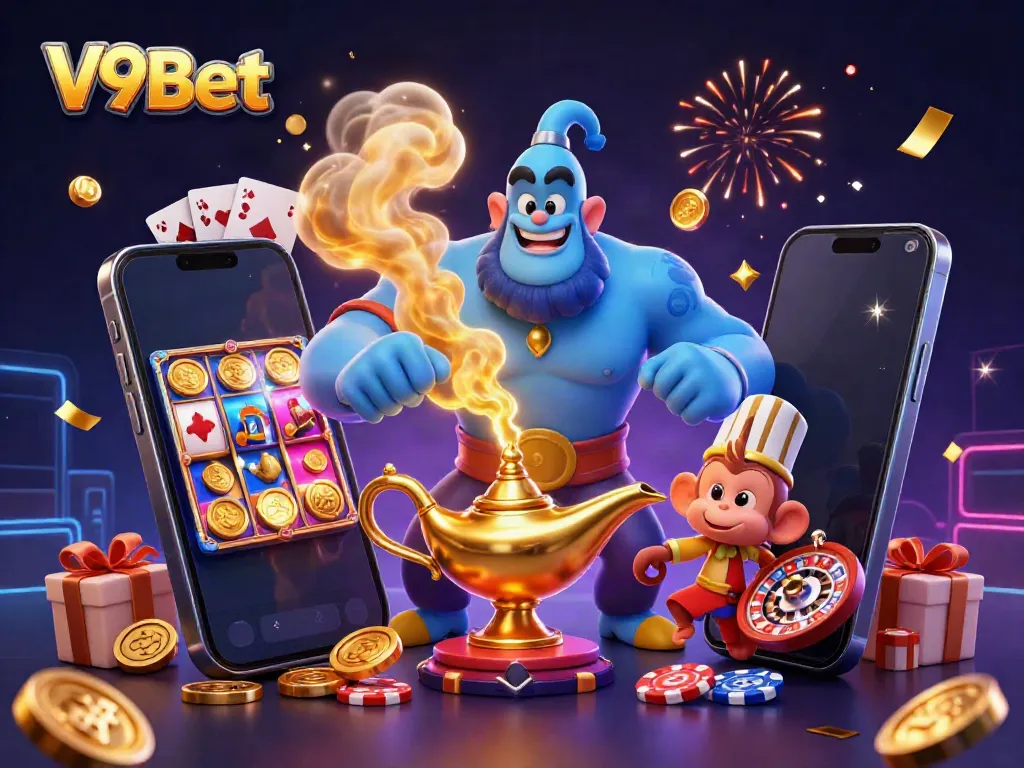 Experience exhilarating slots and games with V9Bet, featuring magical genies and colorful casino elements.