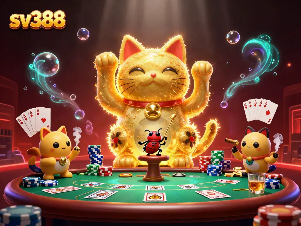 Experience thrilling gameplay with sv388's dynamic lucky cat symbol and vibrant casino elements.