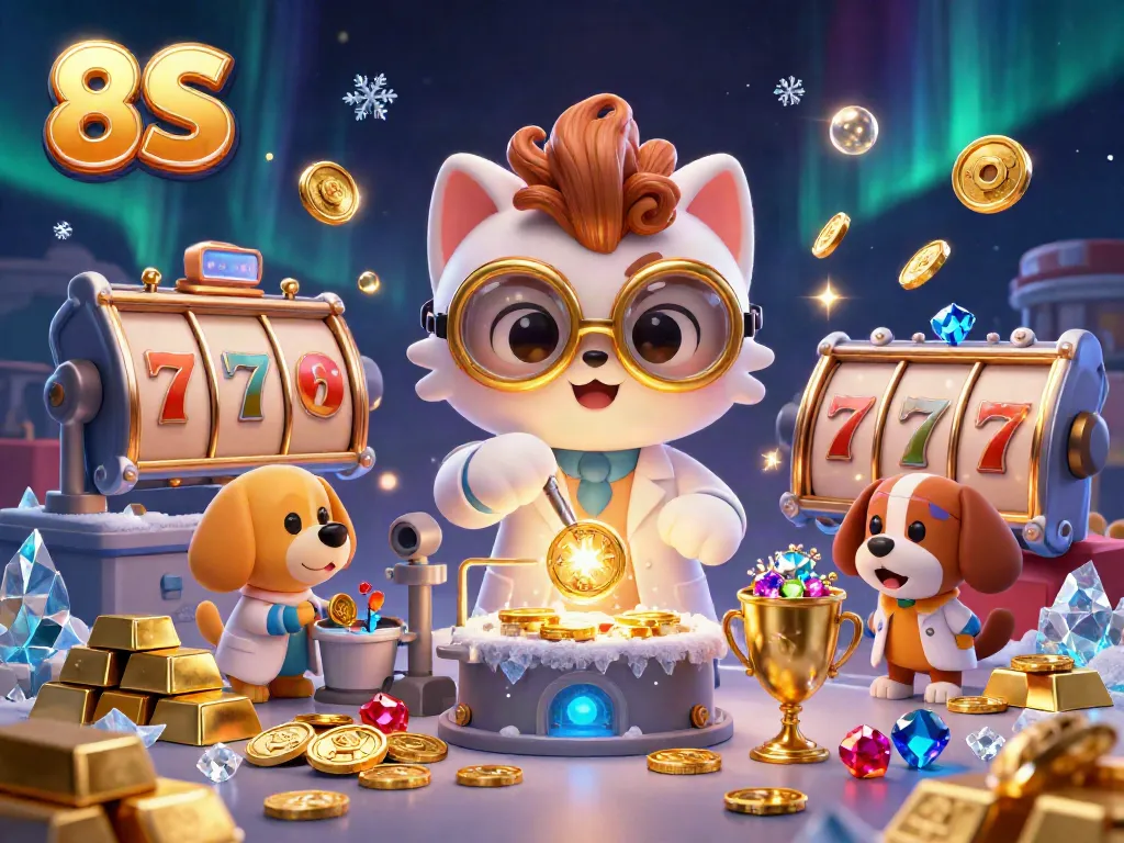 8S animated mad scientist cat creates gold coins in a vibrant casino setting.
