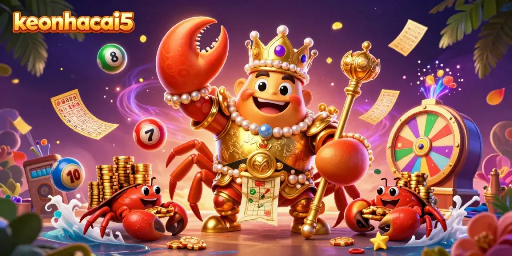 Engage with keonhacai5's ultimate gambling experience featuring a golden crab emperor amid vibrant lottery elements.