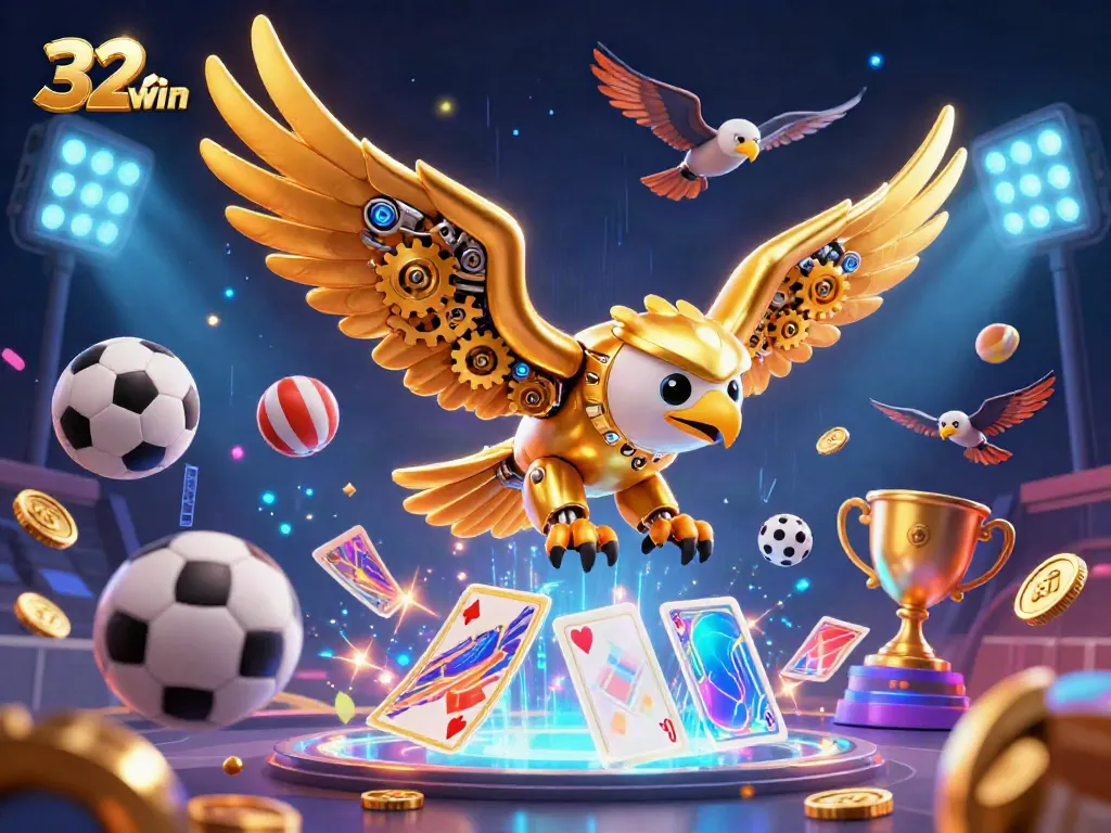 Engage with 32win's thrilling online gaming universe featuring dynamic sports elements and a cybernetic eagle.