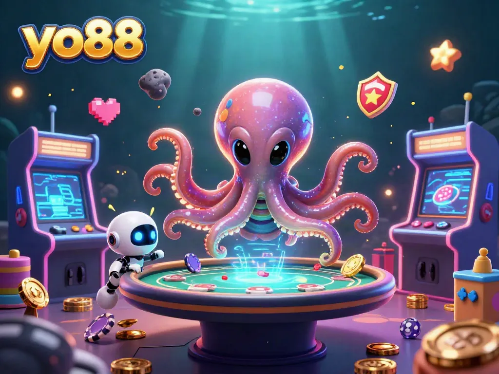Experience thrilling gameplay with yo88 as the alien octopus deals cards at a holographic poker table.