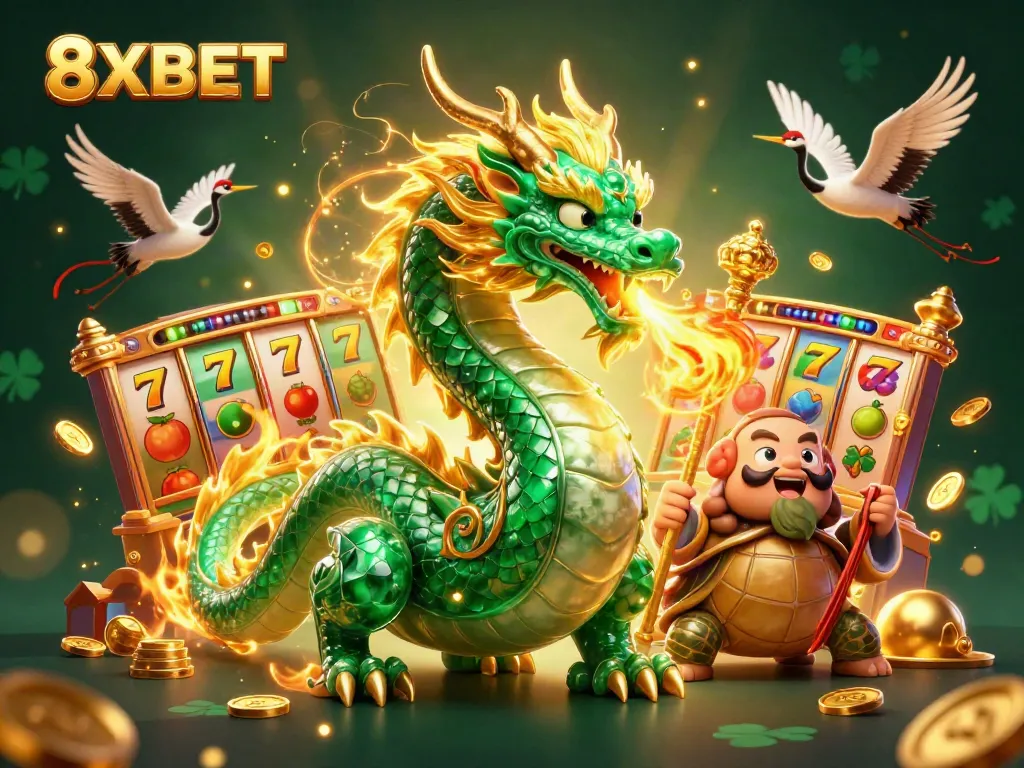 Experience thrilling gameplay at 8XBET with an emerald jade dragon and vibrant slot elements.