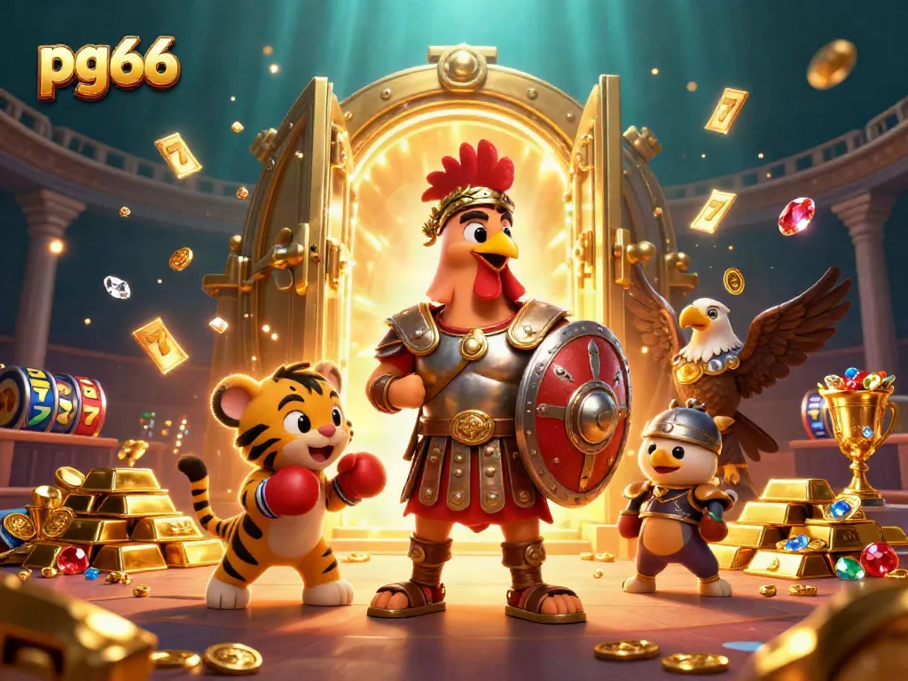 Experience exciting gameplay and jackpots with pg66 in a dynamic casino-themed illustration featuring festive characters.