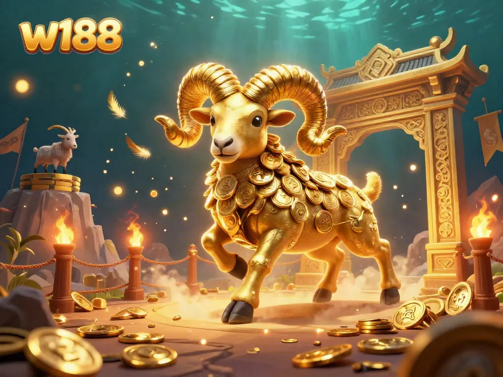Experience the thrilling action with w188's vibrant casino scene featuring a massive golden ram charging through a dynamic atmosphere.
