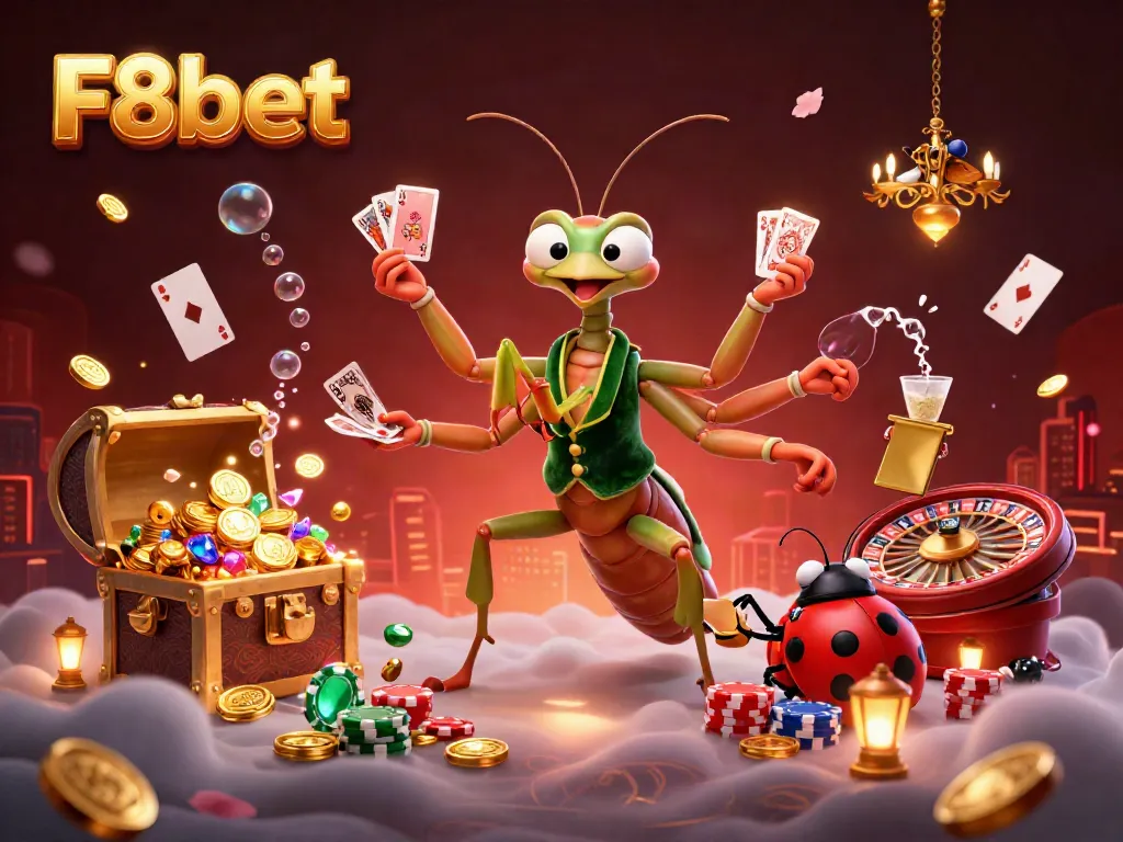 Experience the excitement of F8bet with a vibrant casino scene featuring a giant praying mantis card sharp.