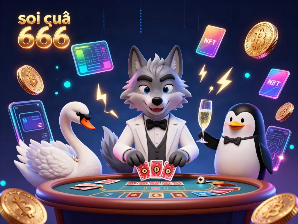 Soi cầu 666 visual of an elegant wolf, swan, and penguin in a vibrant casino scene
