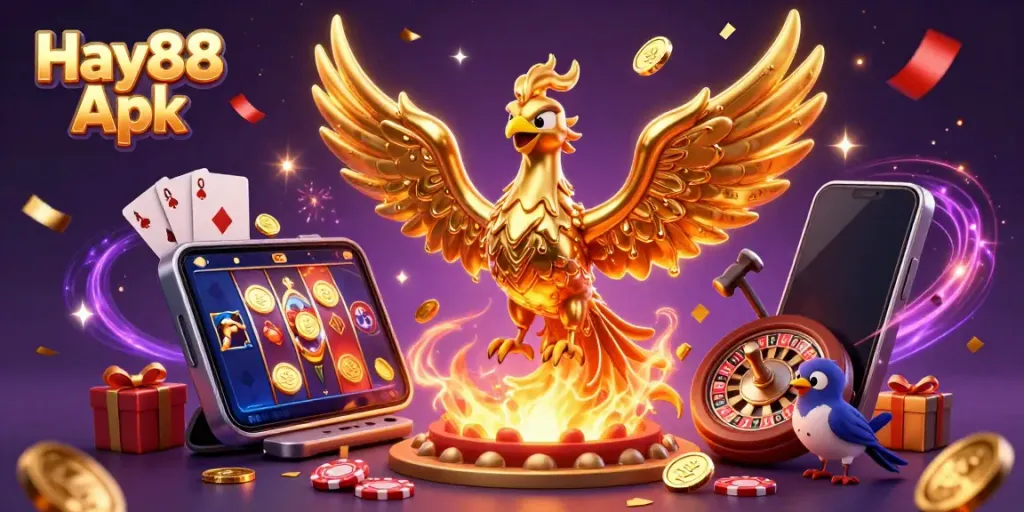 Engage with Hay88 Apk in a vibrant 3D casino scene featuring a golden phoenix, slot games, and festive elements.