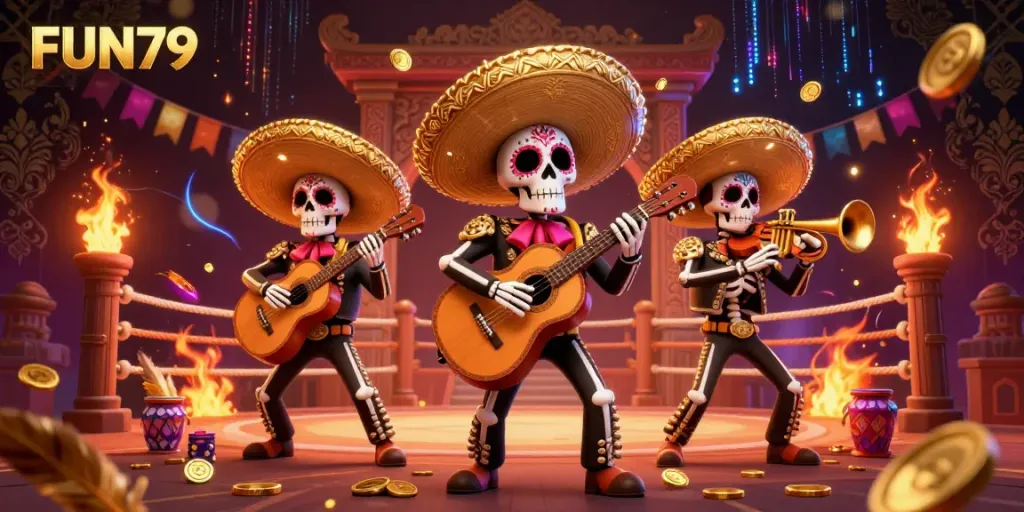 Experience fun with FUN79 through a vibrant mariachi band celebrating with golden coins and lively characteristics.