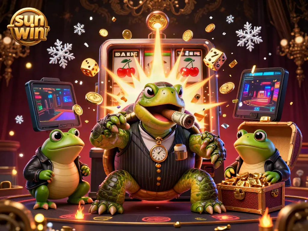 Experience the thrill of sun win with a massive turtle and bullfrogs in a vibrant casino scene, rich in detail.