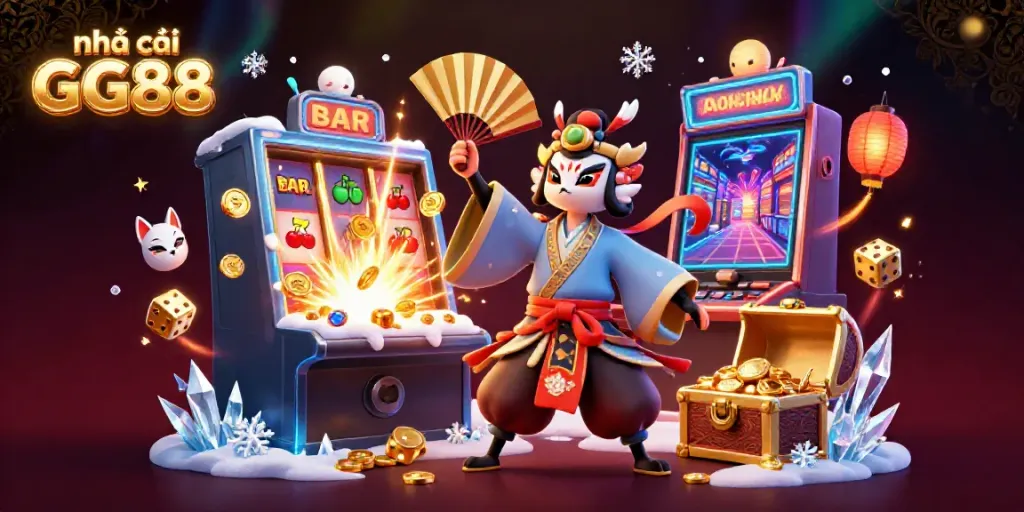 Engage with the vibrant world of nhà cái GG88, where a kabuki warrior and kitsune mask bring luck amidst a jackpot explosion.