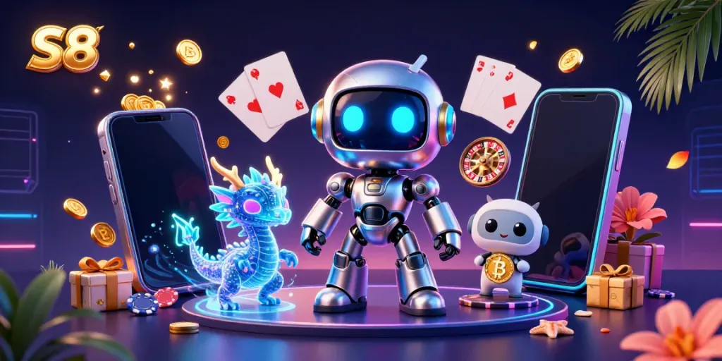Engage with S8's vibrant online casino featuring a cyberpunk character, bitcoin elements, and dynamic gaming visuals.