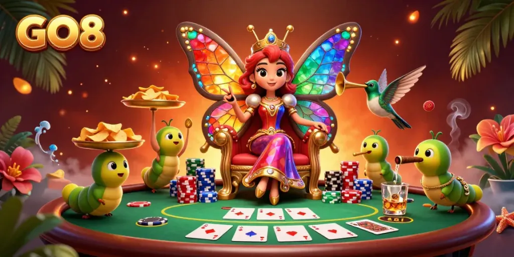 Experience GO8 gaming excitement with vibrant 3D illustration of a butterfly queen and poker elements.