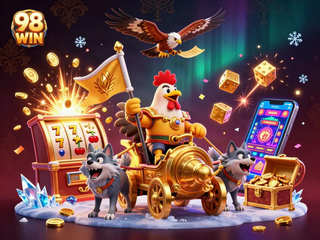 Join the excitement at 98 WIN with a vibrant casino scene featuring a golden war chariot and slot machine jackpots.