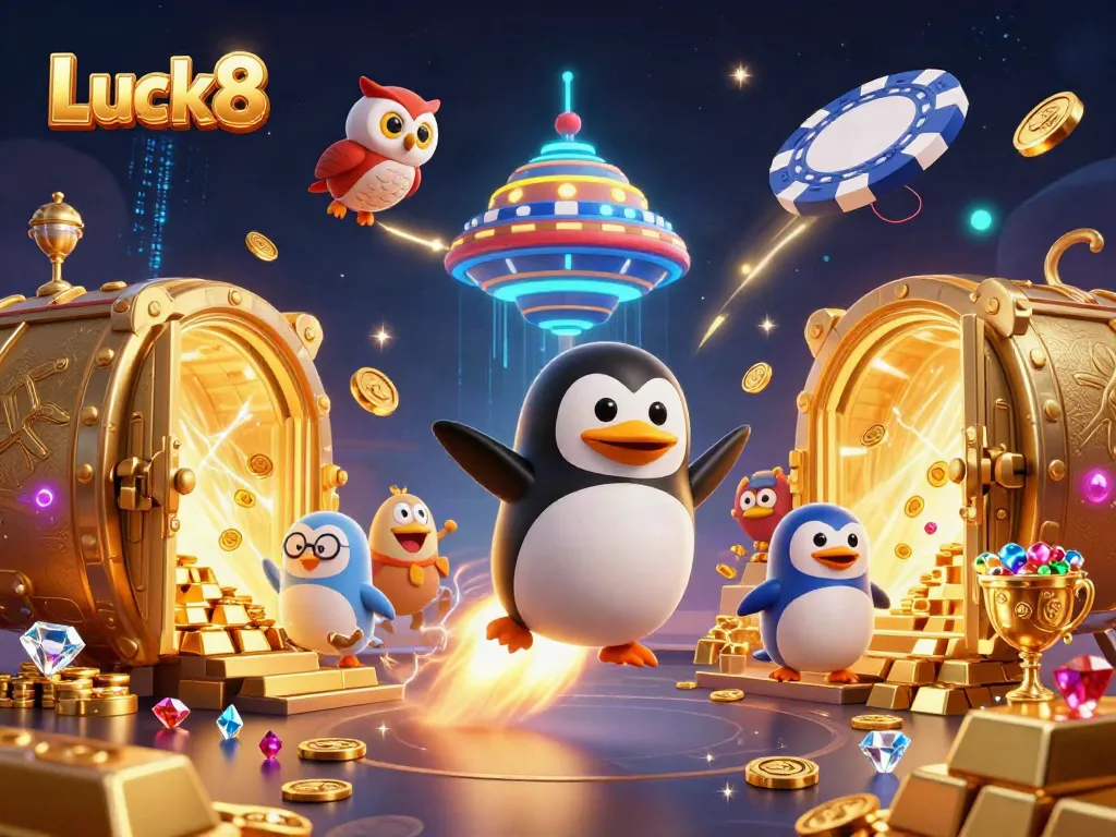 Luck8 offers a thrilling experience with a golden penguin in a vibrant casino universe, surrounded by riches.