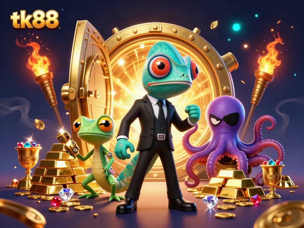 Engage in exciting slots with tk88, featuring dynamic characters and treasure-filled casino ambiance.