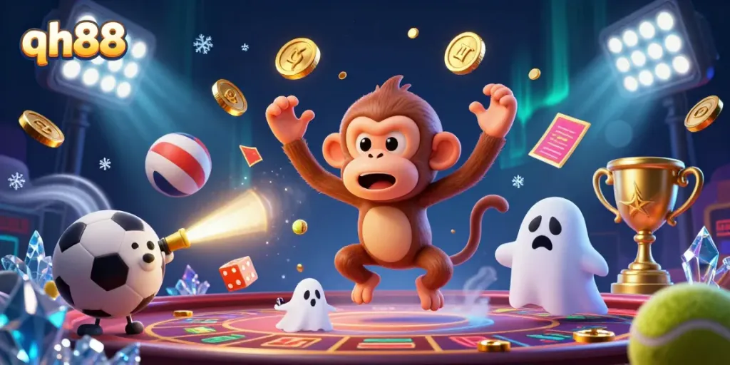 Engage with thrilling qh88 gaming experiences featuring a mischievous monkey and a ghost-hunter puppy.