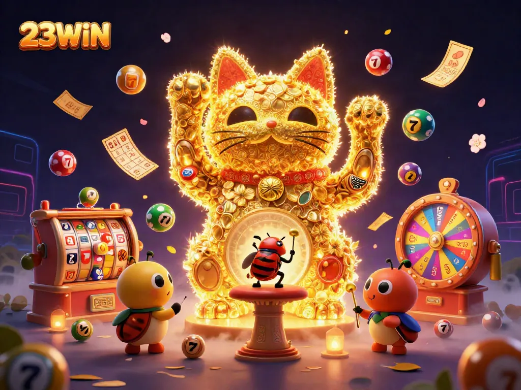 Engage with thrilling 23WIN casino action, featuring a lucky cat and vibrant gaming elements.