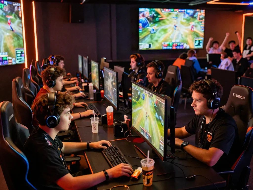 Gamers deeply engaged at warung168 esports venue with vibrant screens and snacks.
