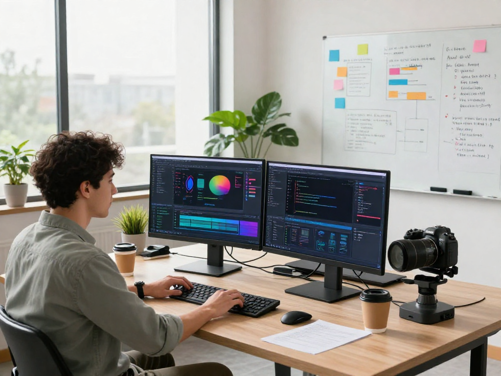 Dynamic software development scene showcasing crushonai and coding innovations in a modern workspace.